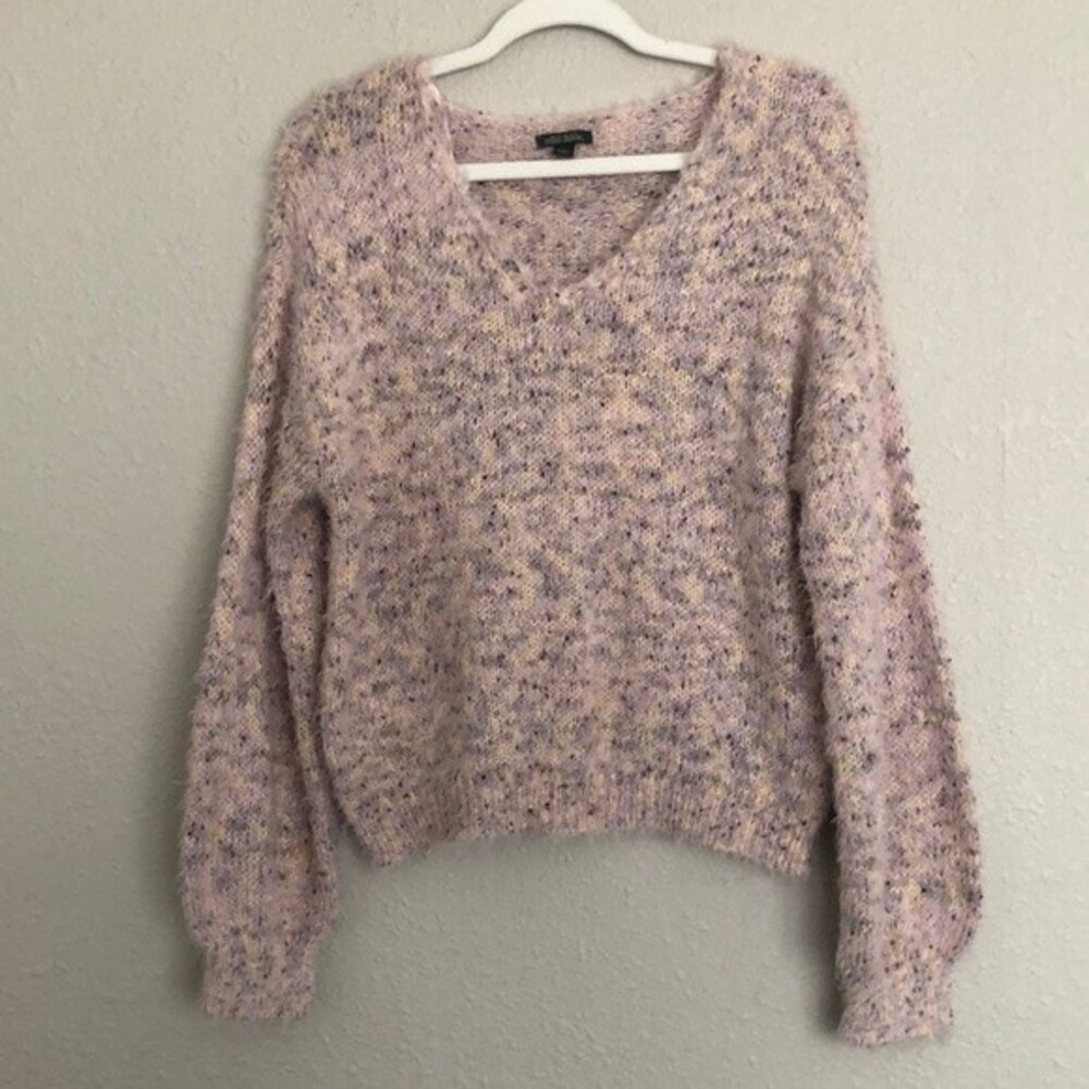 Wild Fable Eyelash knit cropped marled pink pullover sweater. Size L